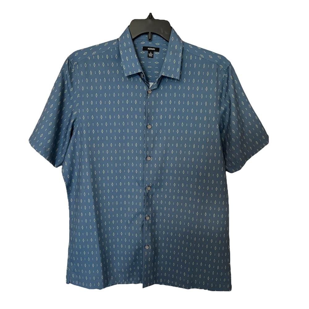 New Alfani Men’s Large blue short-sleeve patterned button down shirt